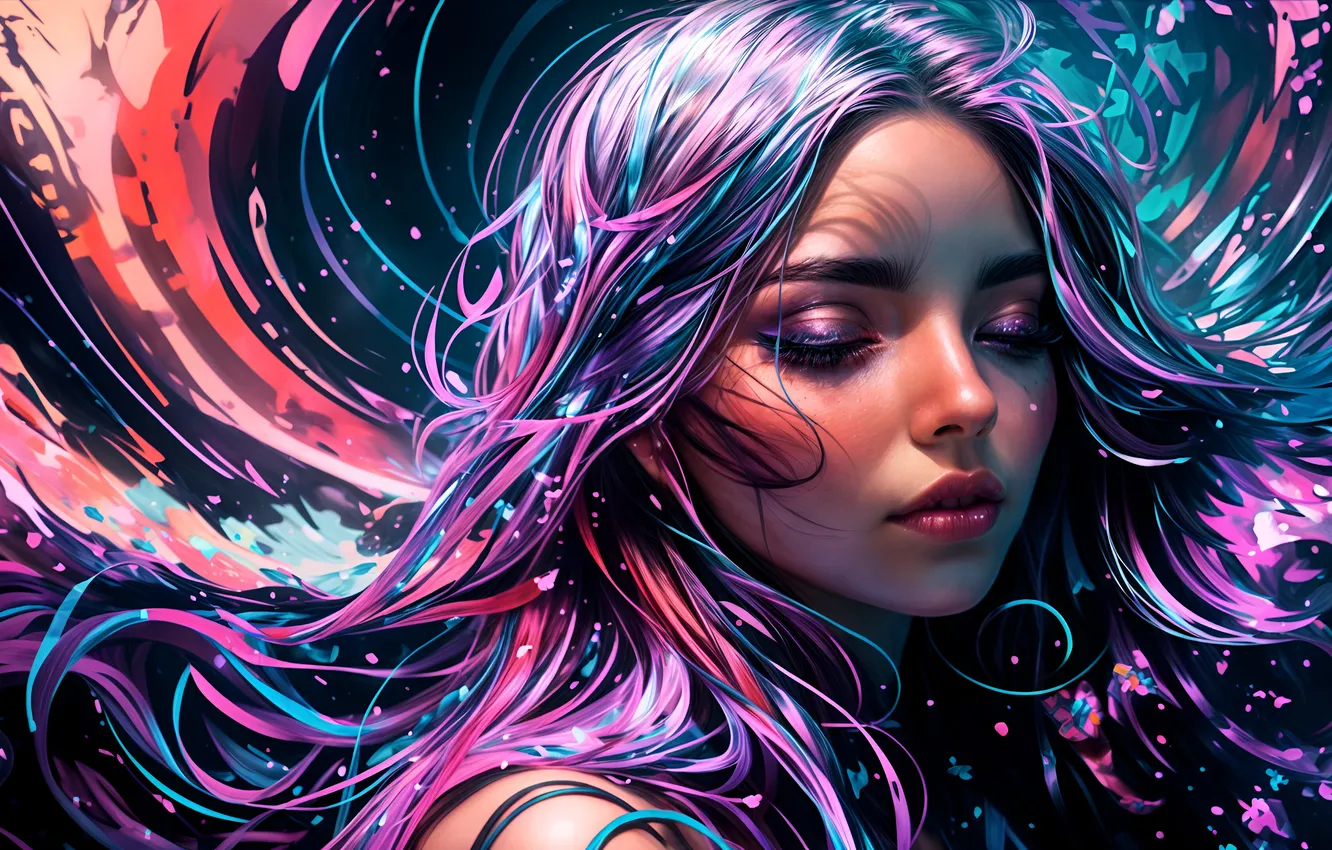 Photo wallpaper girl, light, face, the dark background, closed eyes, lilac hair, AI art, fantasy girl