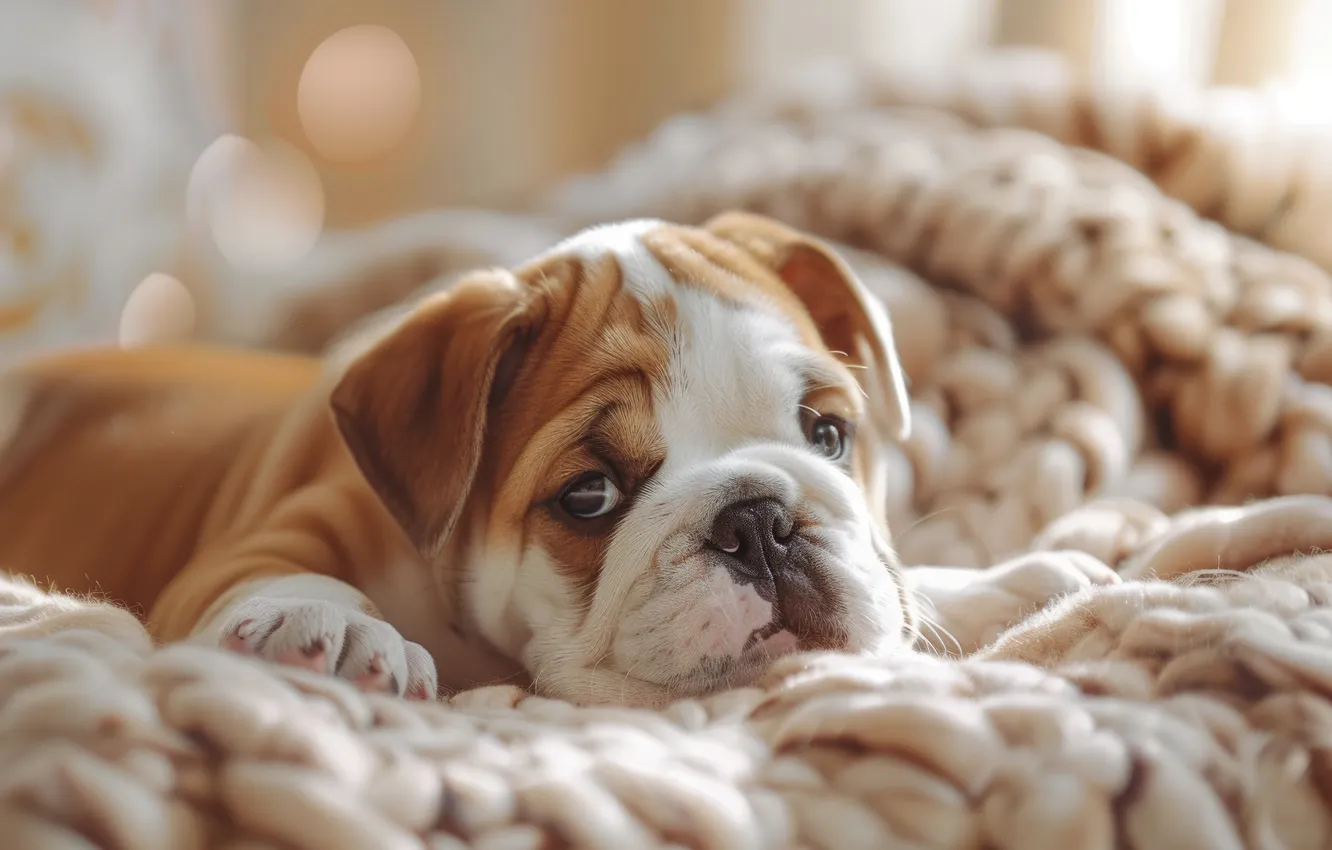 Photo wallpaper look, dog, puppy, bulldog, plaid, face, English bulldog, AI art