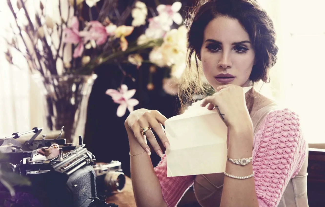 Photo wallpaper leaves, retro, room, interior, singer, typewriter, the camera, Lana Del Rey