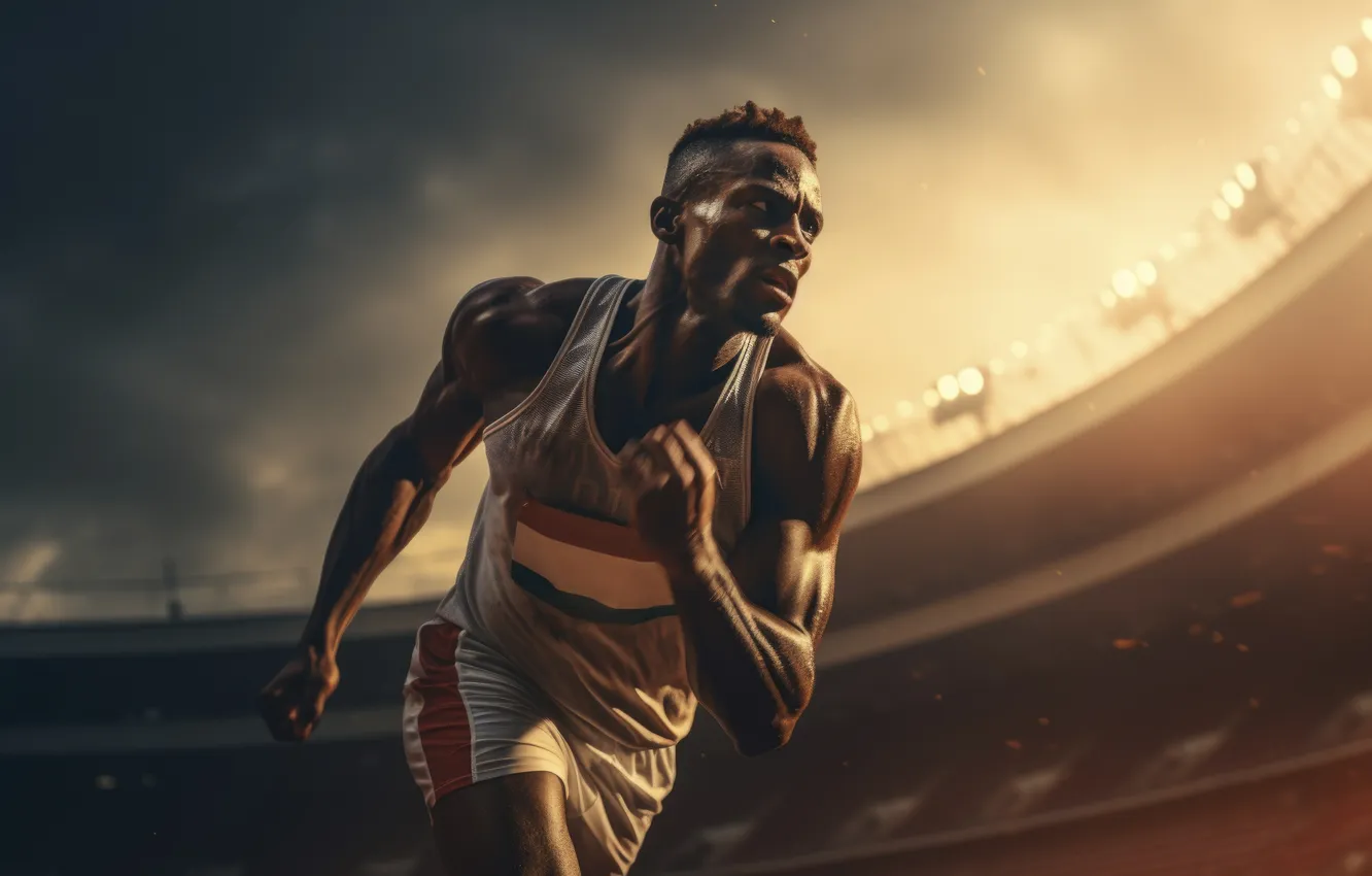 Photo wallpaper running, male, stadium, athletics, Negro, digital art, AI art, The Art of Artificial Intelligence