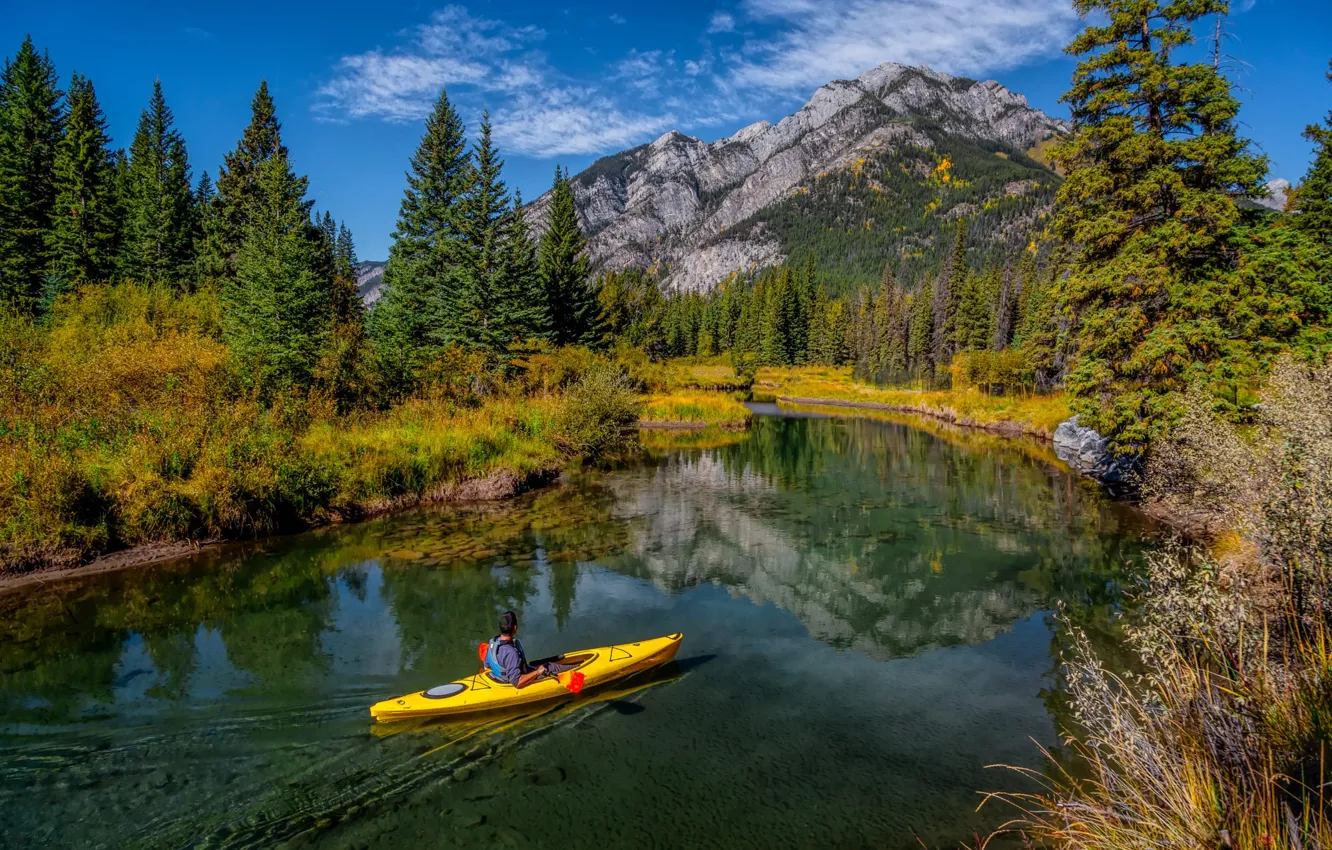 Photo wallpaper forest, mountains, lake, reflection, blue, shore, boat, ate