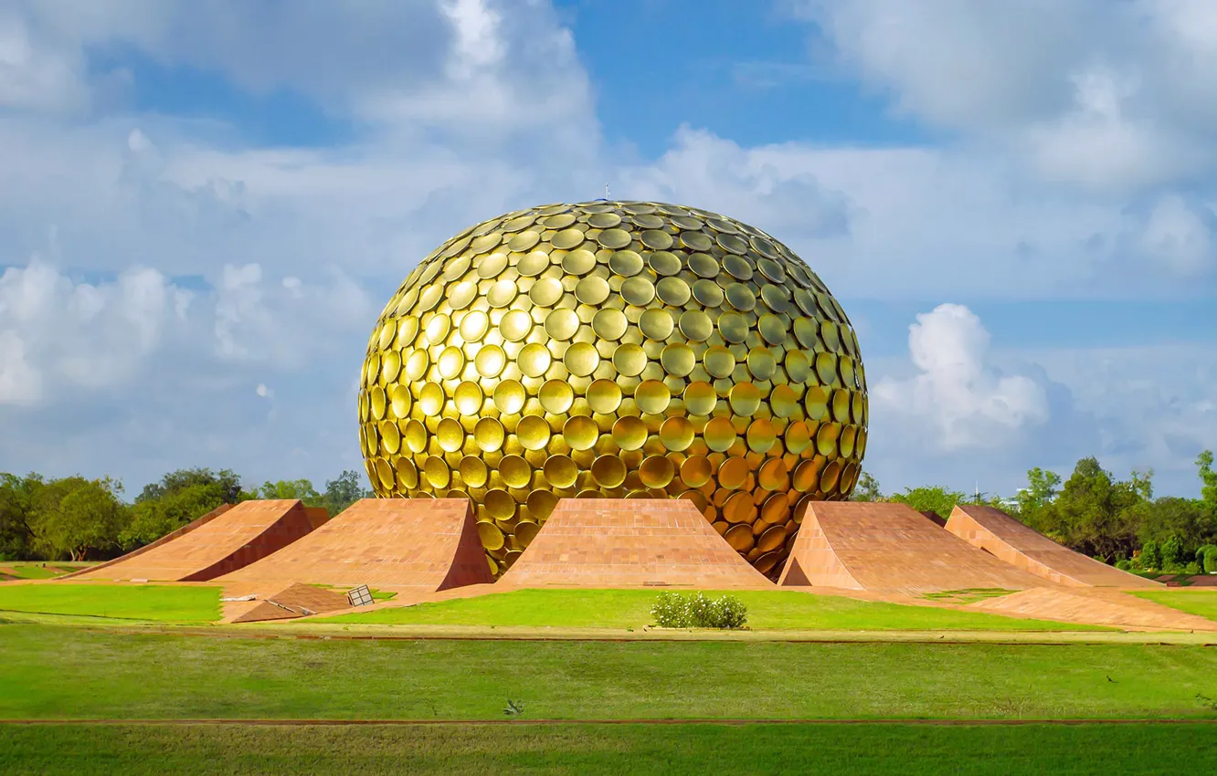 Photo wallpaper India, Golden temple, Auroville, Matrimandir, Tamil Nadu