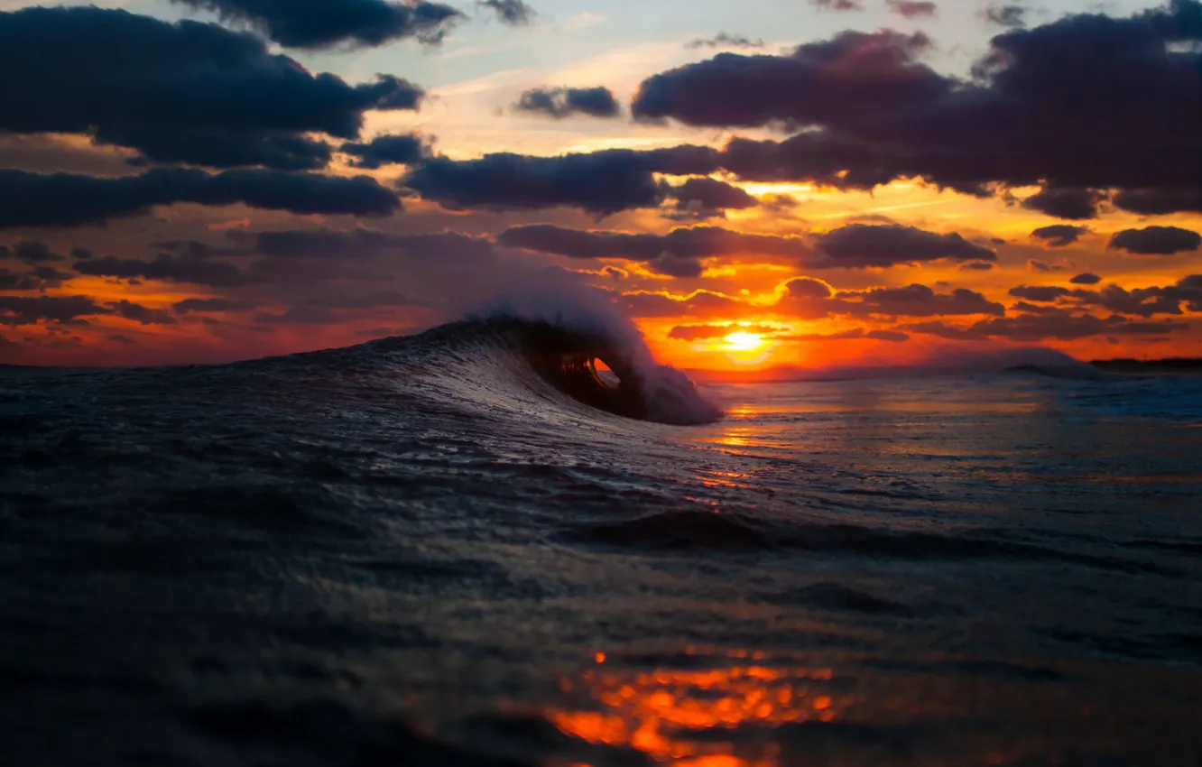 Photo wallpaper sea, clouds, sunset, photo, wave