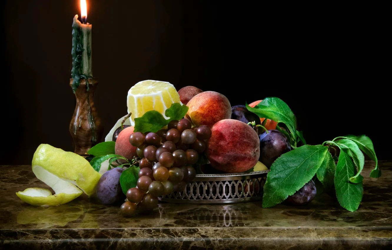 Photo wallpaper berries, lemon, candle, grapes, fruit, still life, peaches, plum