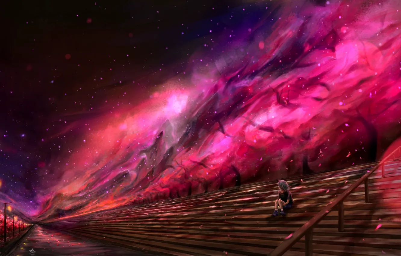 Photo wallpaper road, the sky, clouds, sunset, girl, tribune