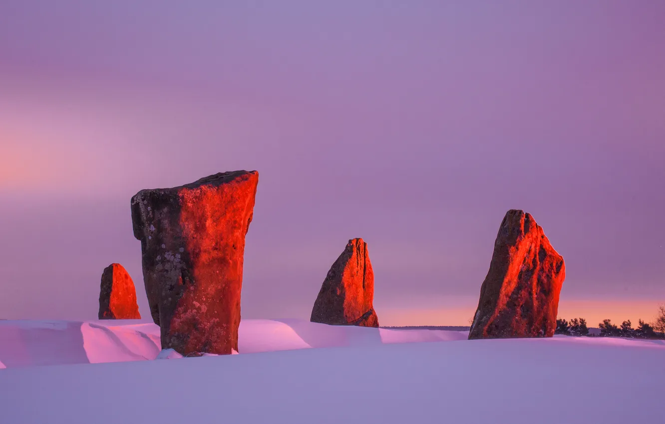 Photo wallpaper winter, the sky, snow, sunset, stones, megaliths