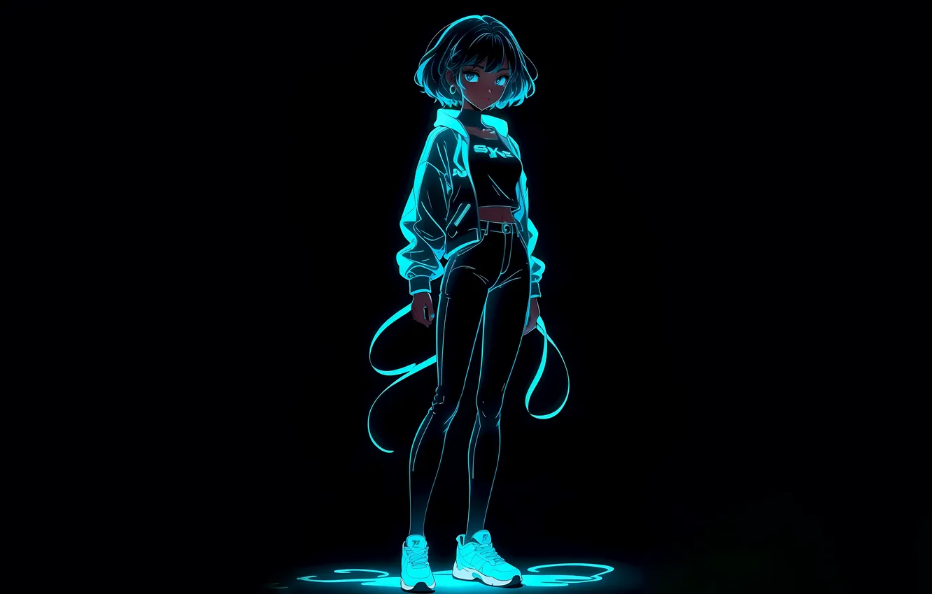 Photo wallpaper Neon, black background, anime girl