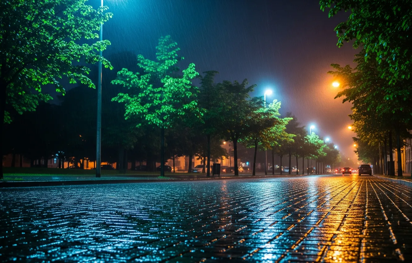 Photo wallpaper reflection, night, city, the city, rain, street, art, lights
