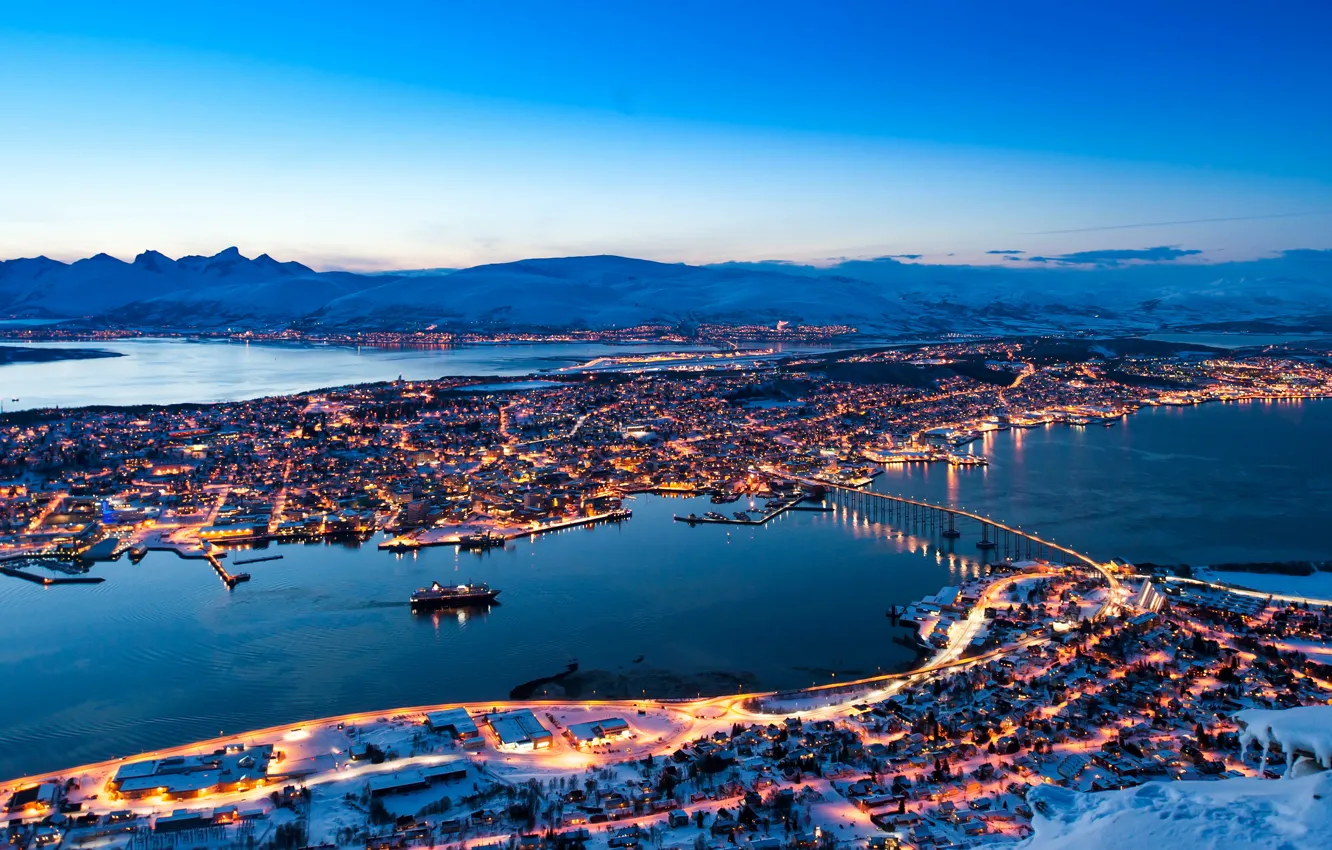Photo wallpaper winter, snow, mountains, bridge, lights, home, the evening, Norway
