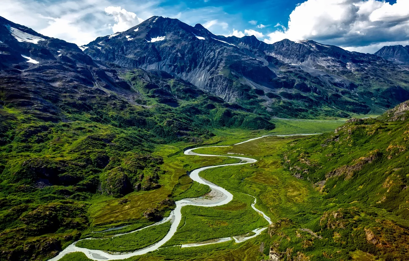Photo wallpaper the sky, clouds, landscape, mountains, nature, river, rocks, horizon