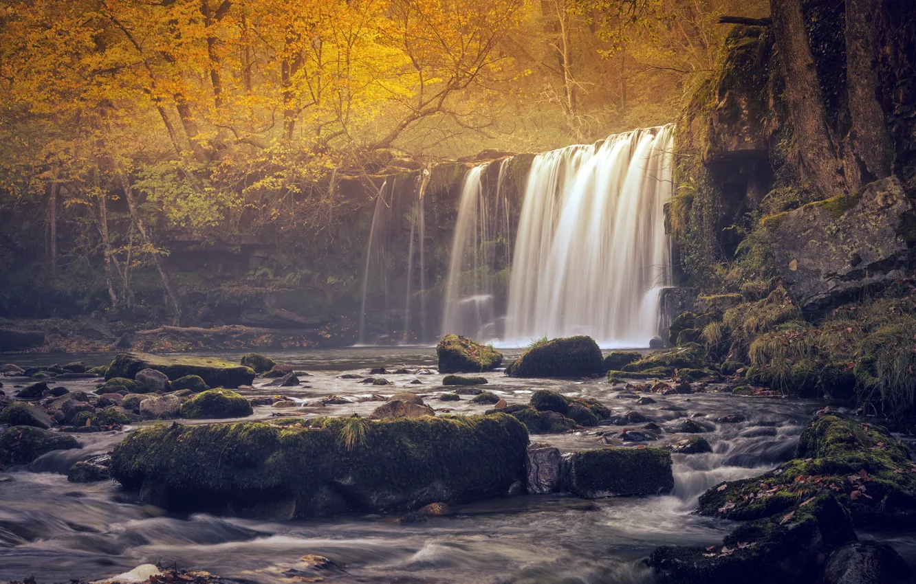 Photo wallpaper autumn, river, waterfall