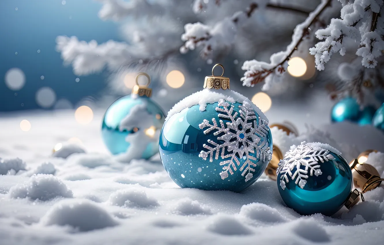 Photo wallpaper snow, decoration, snowflakes, night, balls, tree, new year, Christmas