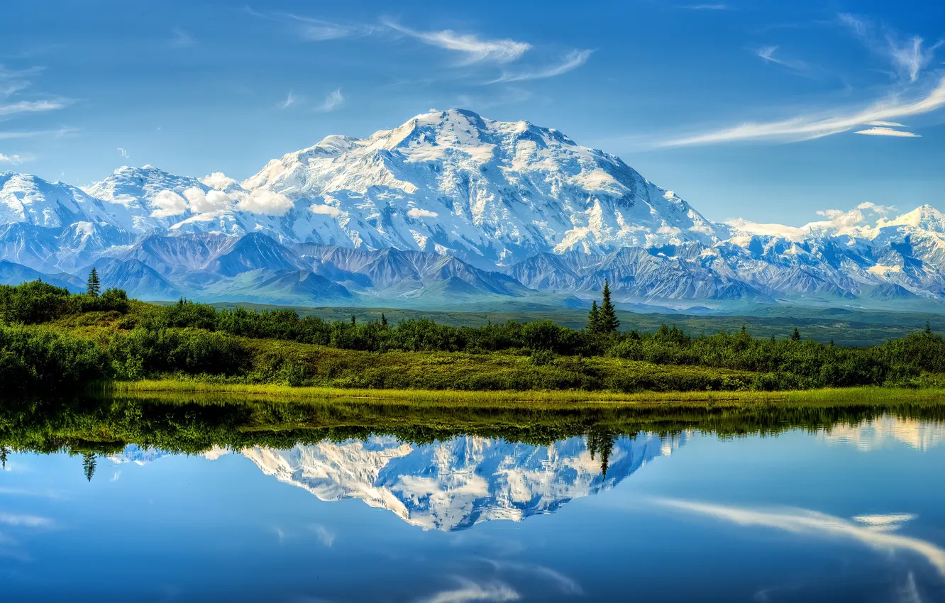 Photo wallpaper the reflection in the water, water surface, blue sky, the beauty of nature, Snowy mountain, …