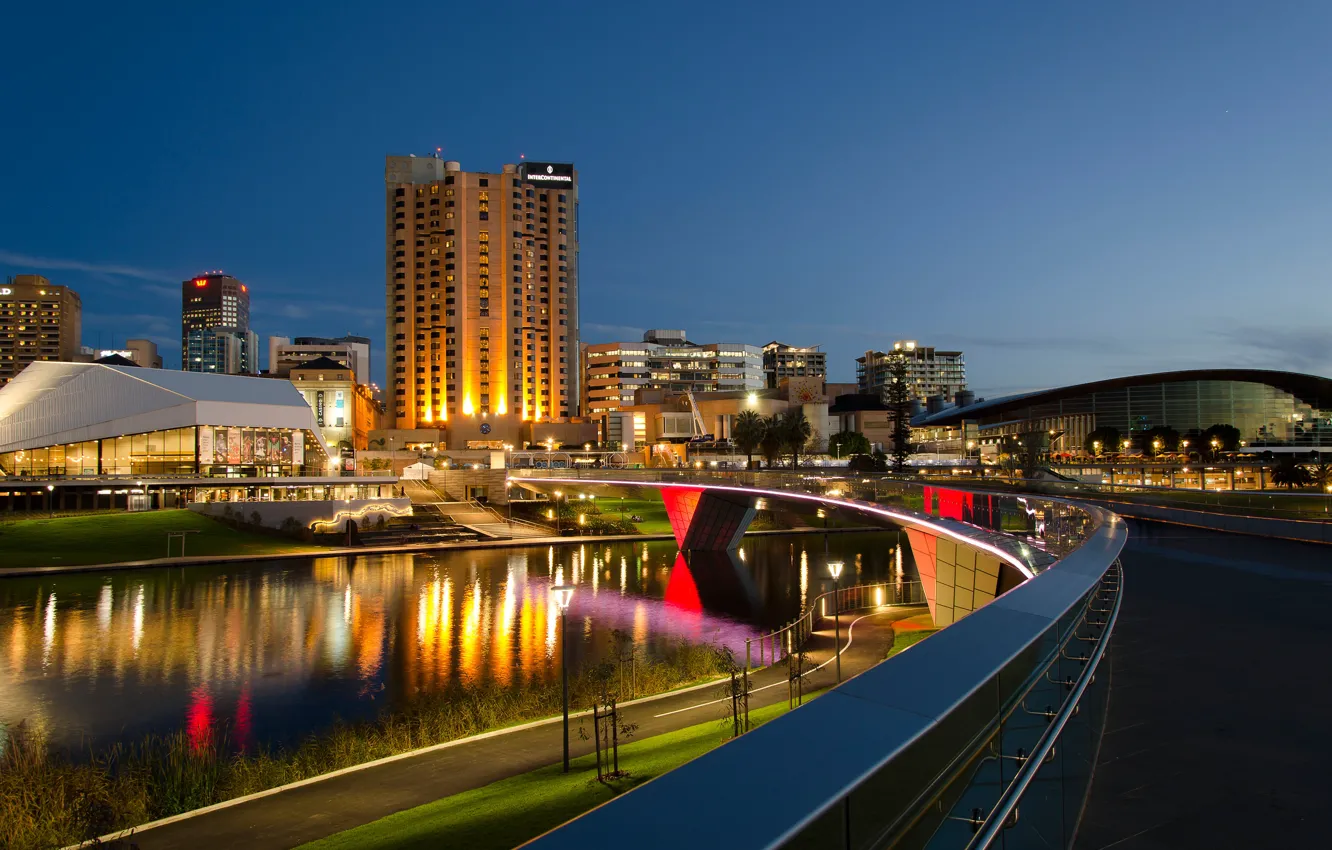 Photo wallpaper bridge, lights, river, building, home, the evening, Australia, Adelaide