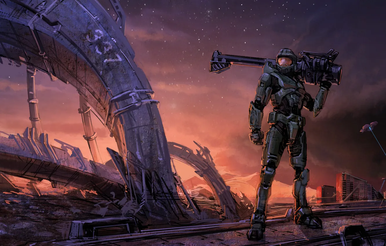 Photo wallpaper the wreckage, the city, weapons, people, the suit, art, halo 3