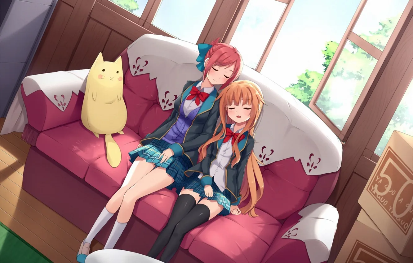 Photo wallpaper girl, room, sofa, box, toy, sleep, window, art