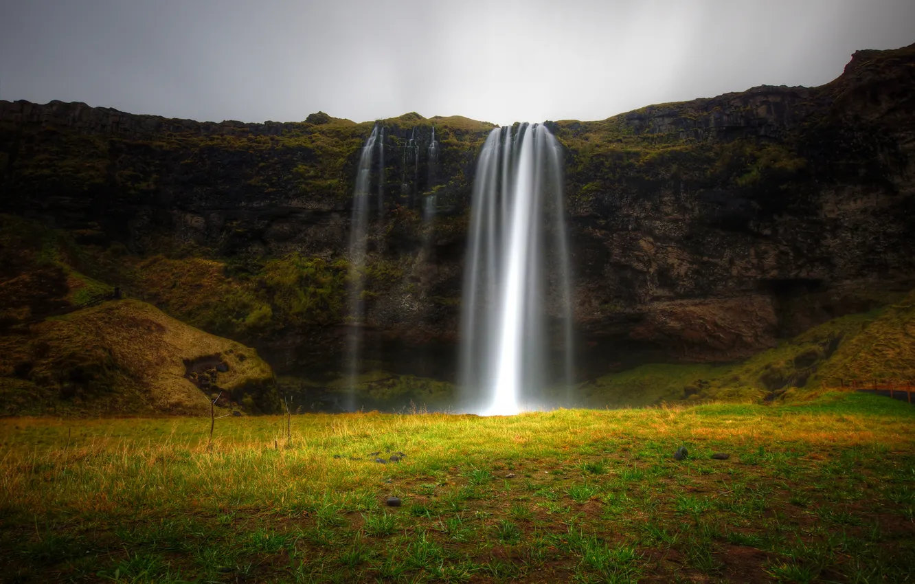 Photo wallpaper grass, rocks, waterfall, grass, Iceland, waterfall, Iceland, cliff