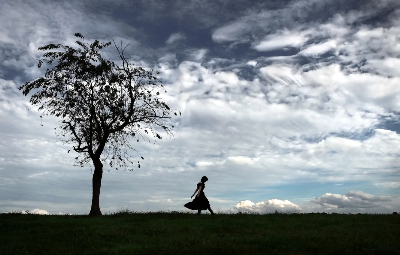 Photo wallpaper field, the sky, girl, tree