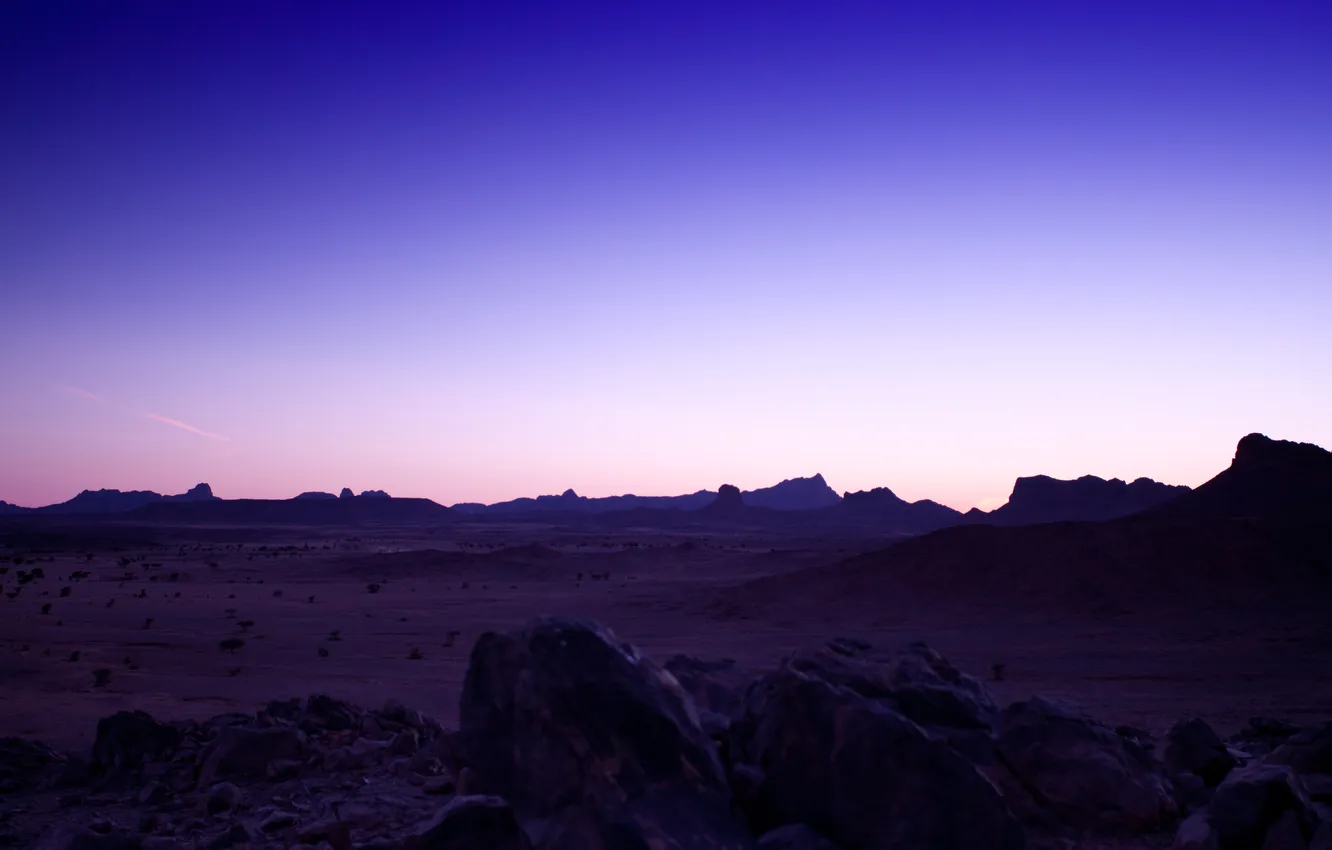 Photo wallpaper purple, the sky, blue, stones, desert, valley, twilight