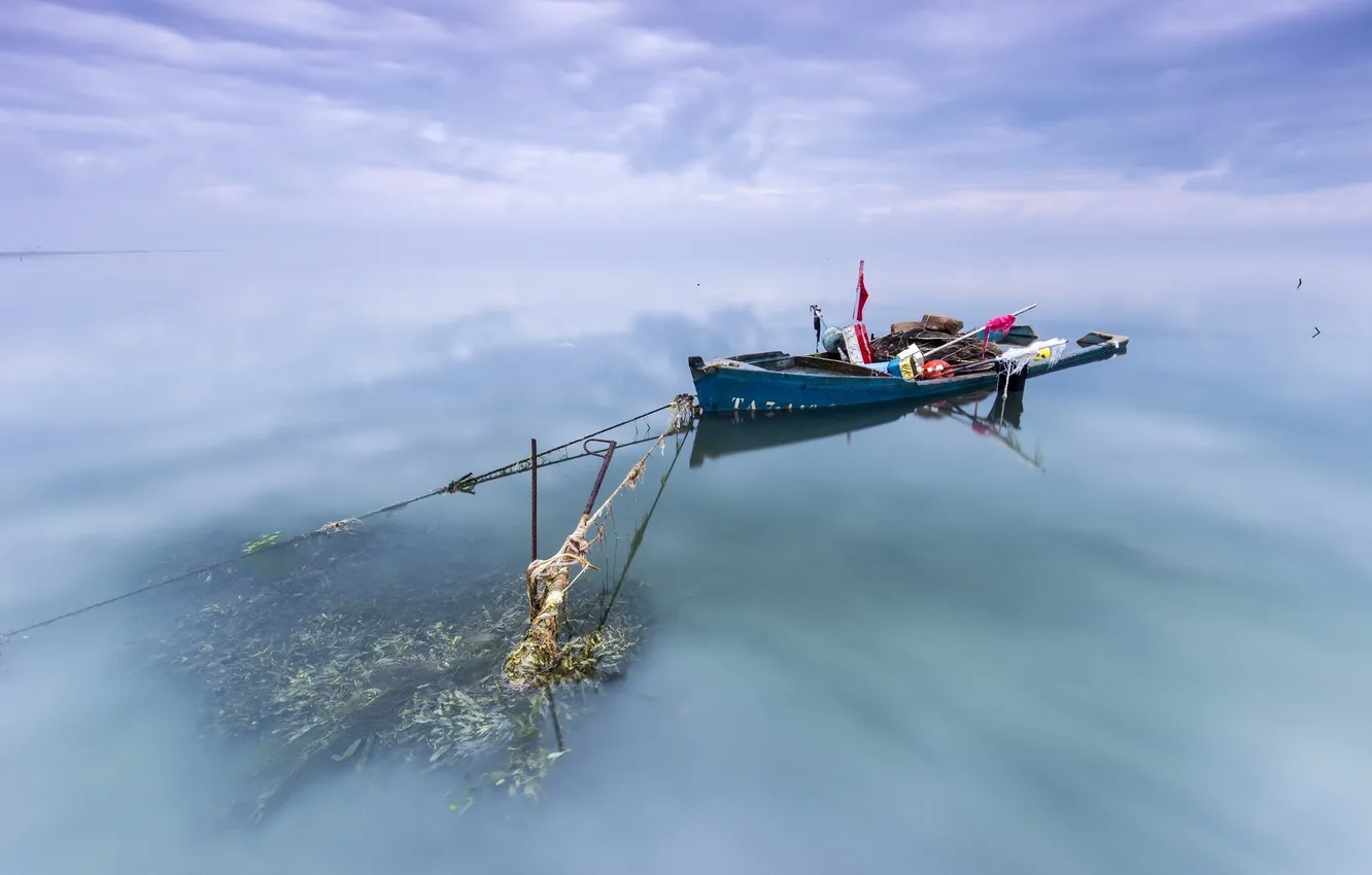 Photo wallpaper the sky, river, boat