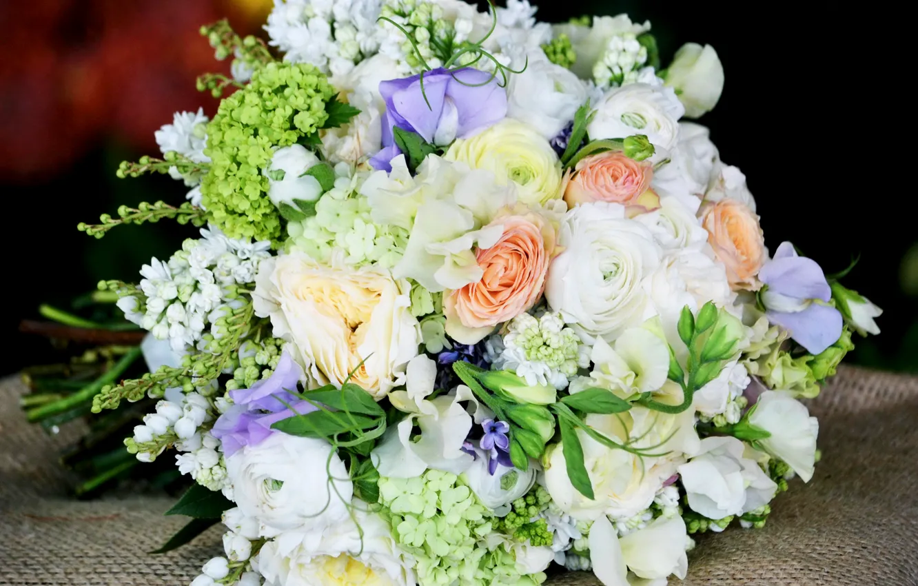 Photo wallpaper bouquet, gentle, Roses, Roses, Buttercup, Hydrangea, Eustoma, Bouquets