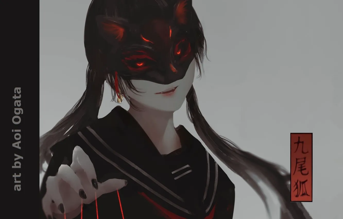 Photo wallpaper fangs, schoolgirl, spell, red eyes, in the mask, hell of a grin, by Aoi Ogata, …