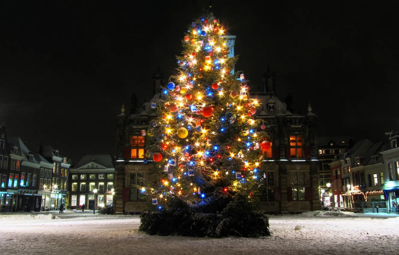 Photo wallpaper lights, holidays, Christmas, square, night, winter, snow, tree