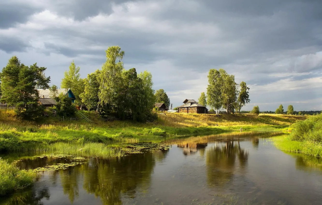 Photo wallpaper the sky, grass, trees, pond, shore, Village, houses, grey