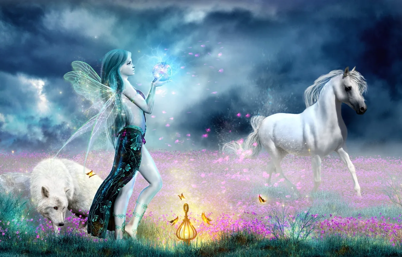 Photo wallpaper magic, horse, wolf, fairy