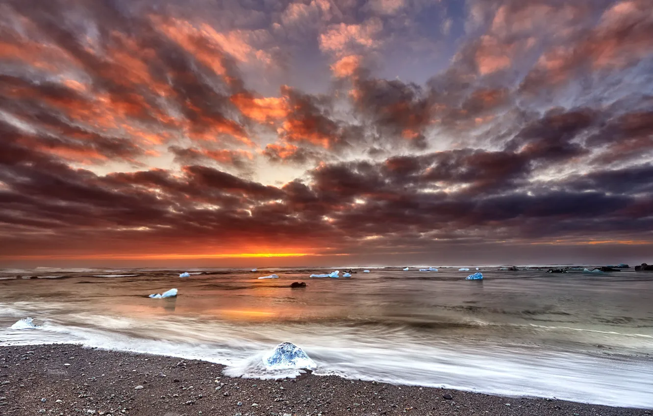 Photo wallpaper seascape, sunrise, iceland, Floating Diamonds