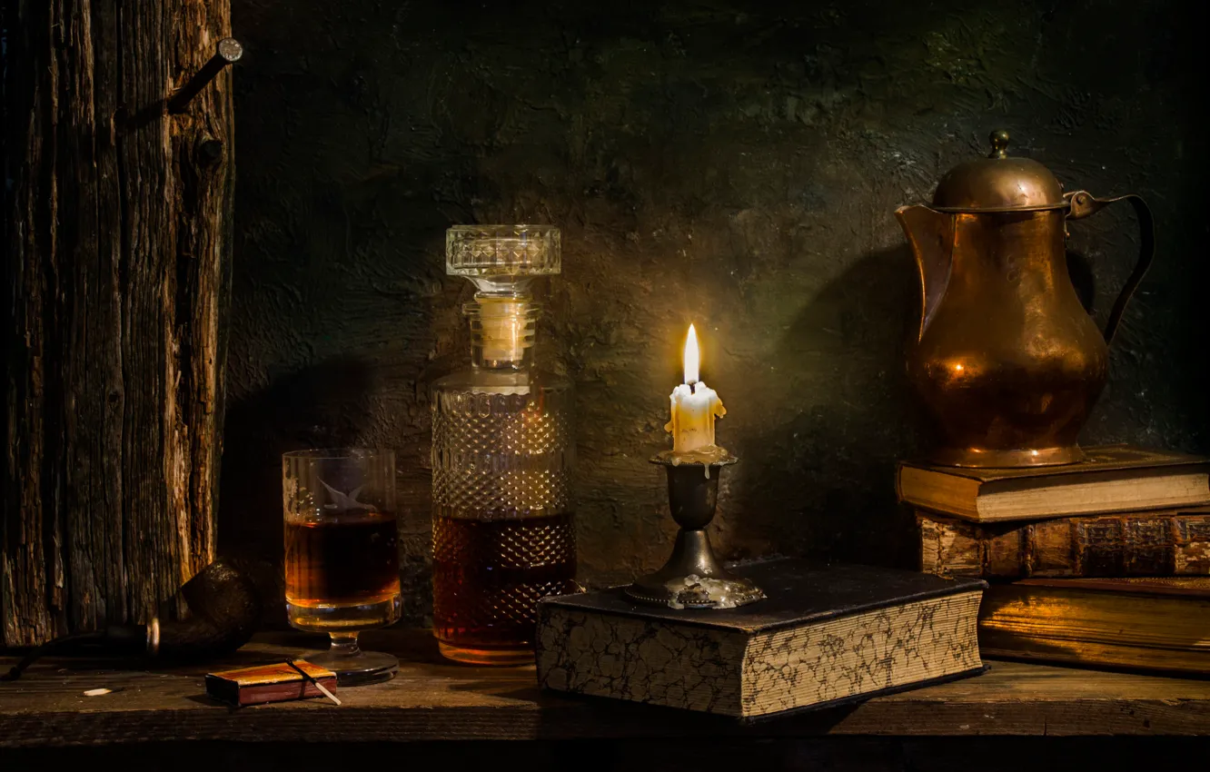 Photo wallpaper wine, books, candle, decanter, Single malt