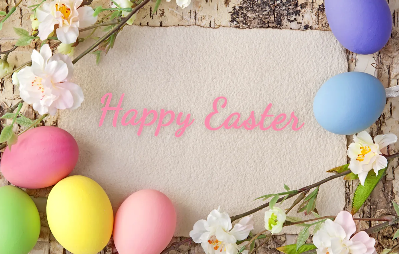 Photo wallpaper flowers, tree, eggs, spring, Easter, pastel, happy, flowers