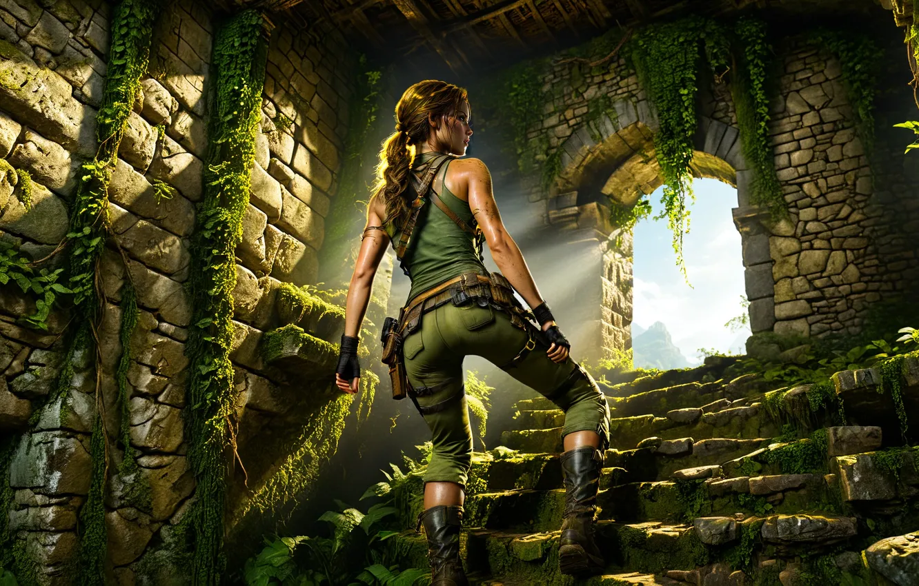 Photo wallpaper girl, light, the game, ladder, pass, Lara Croft