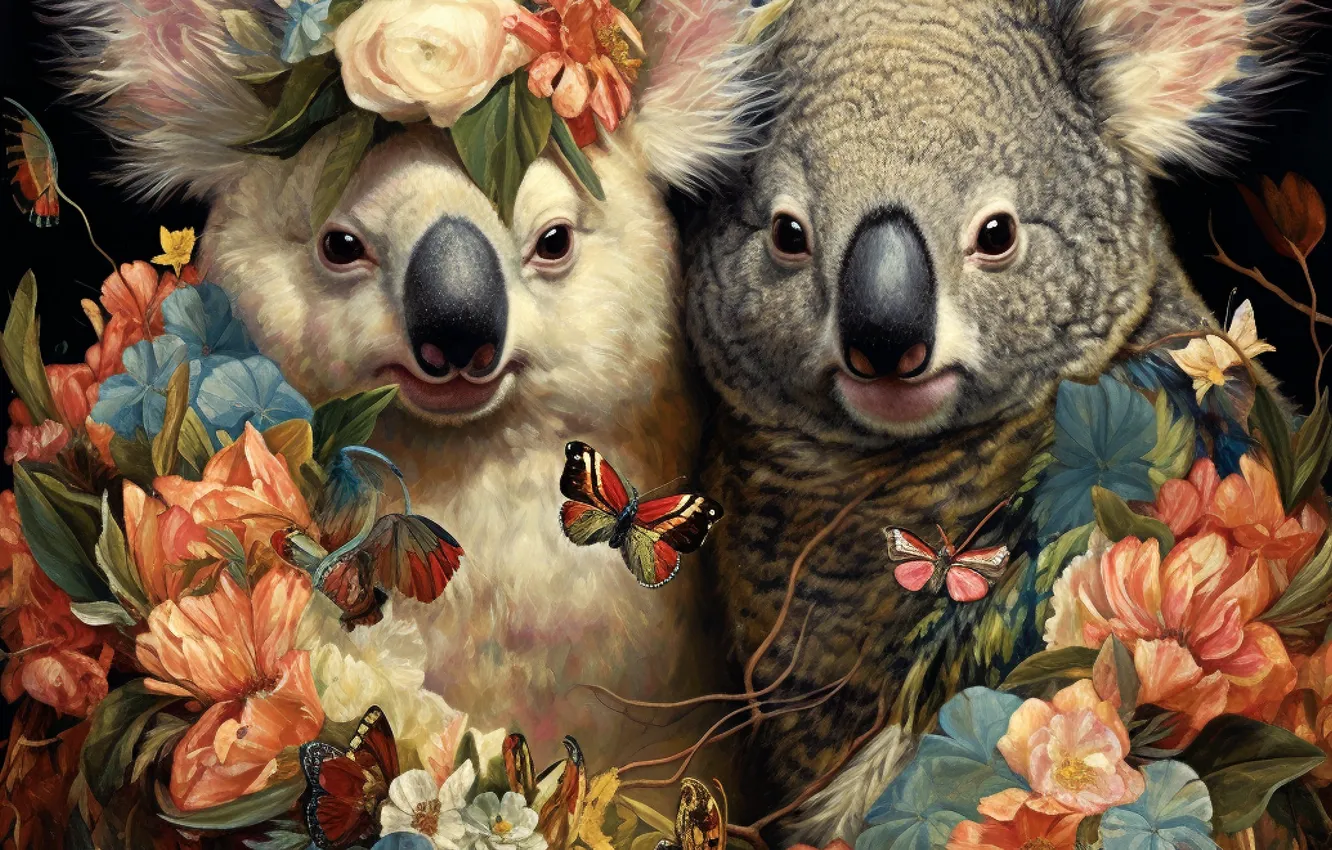 Photo wallpaper flowers, butterfly, portrait, muzzle, image, a couple, Duo, wreath