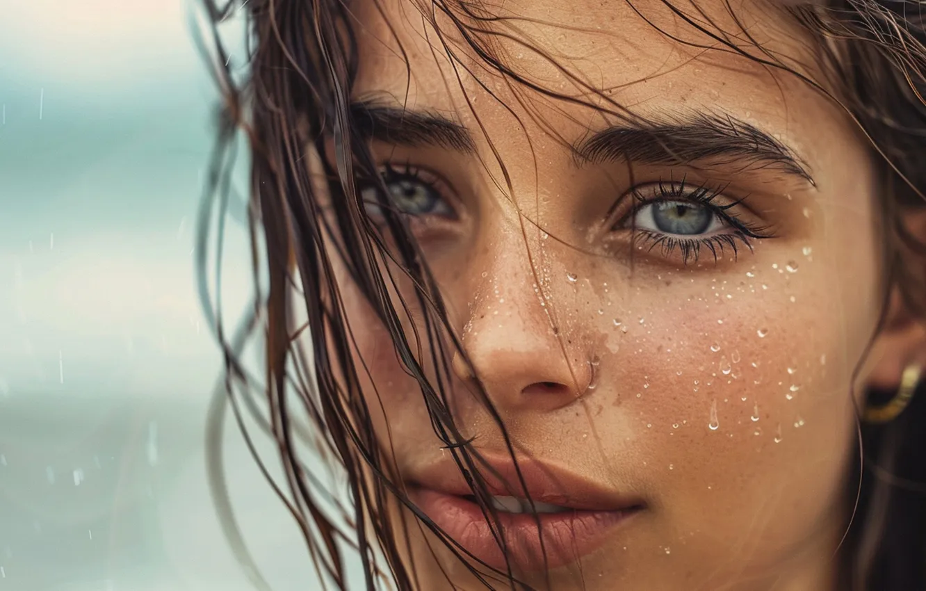 Photo wallpaper look, water, girl, drops, squirt, close-up, face, portrait