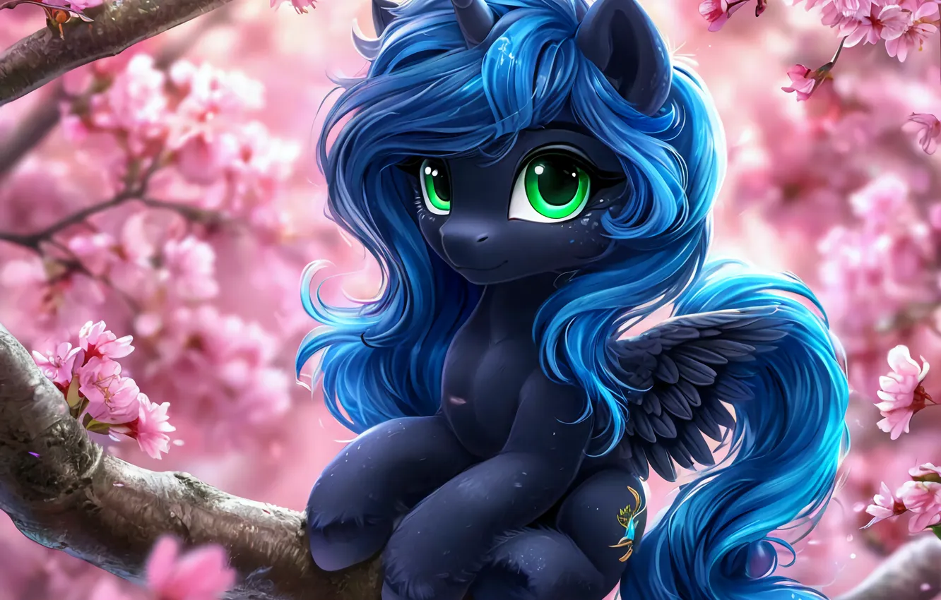 Photo wallpaper flowers, the moon, Sakura, pony, My Little Pony, everypony, The Moon Princess, AI ART