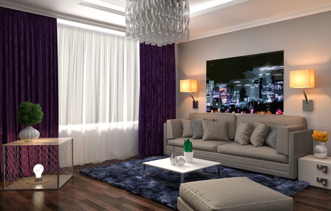 Photo wallpaper design, style, sofa, interior, picture, chandelier, living room, modern