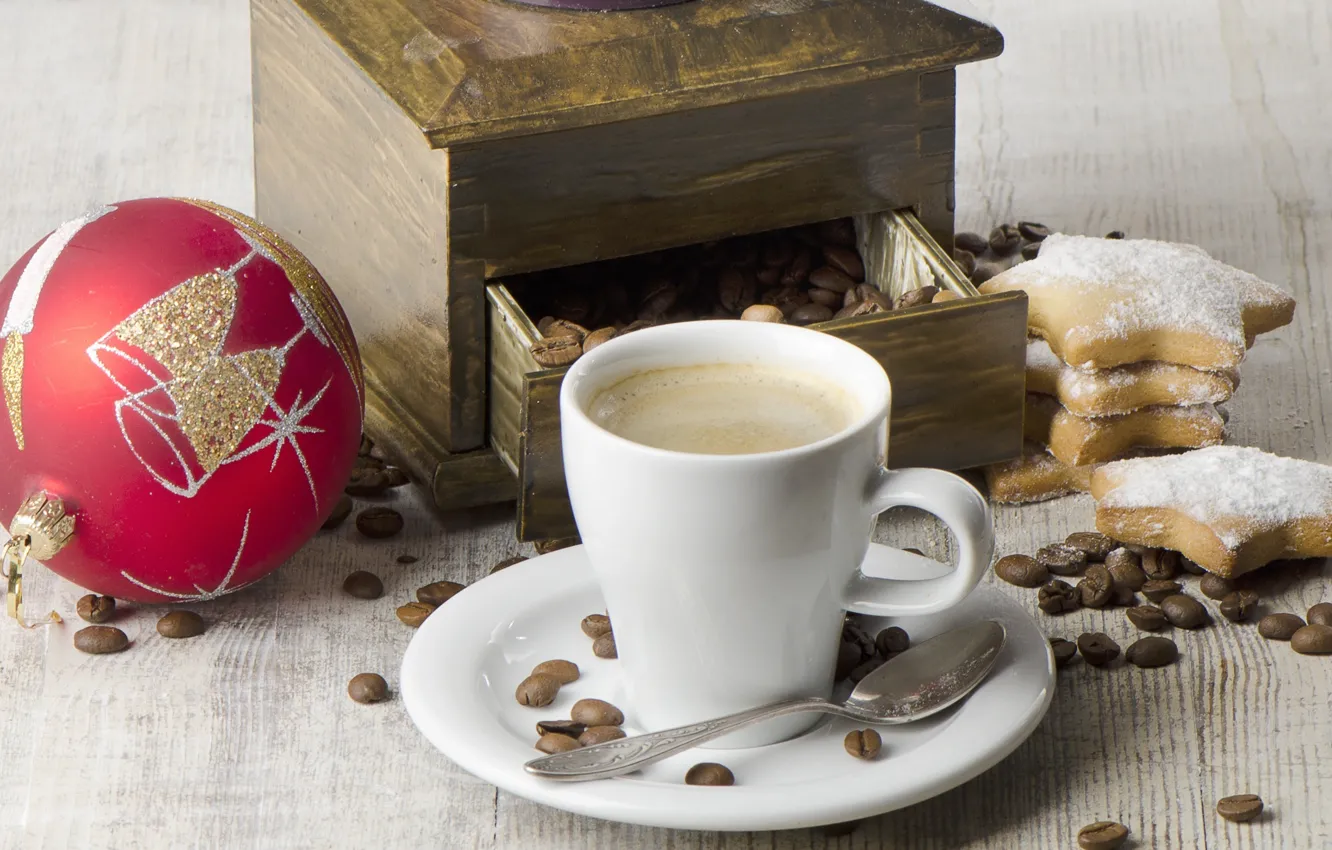 Photo wallpaper ball, coffee, grain, New Year, cookies, spoon, Cup, cappuccino