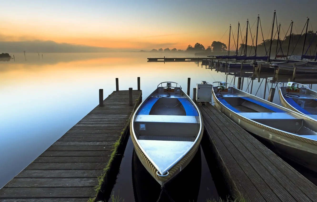 Photo wallpaper fog, lake, dawn, boat