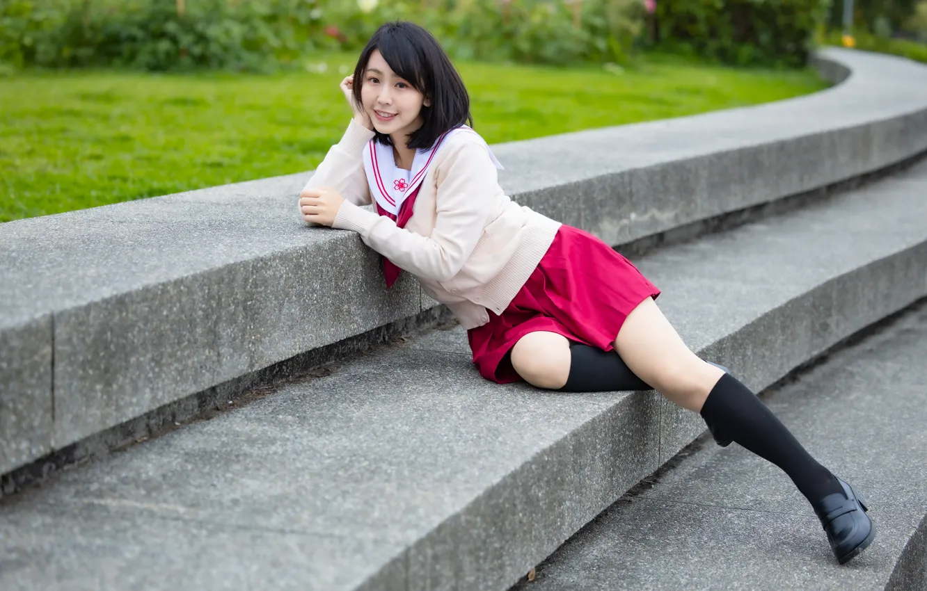 Photo wallpaper look, pose, model, skirt, portrait, makeup, brunette, hairstyle