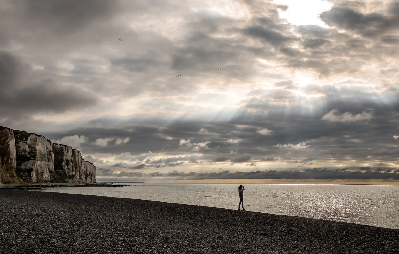 Photo wallpaper sea, beach, the sky, girl, clouds, stones, rocks, bird