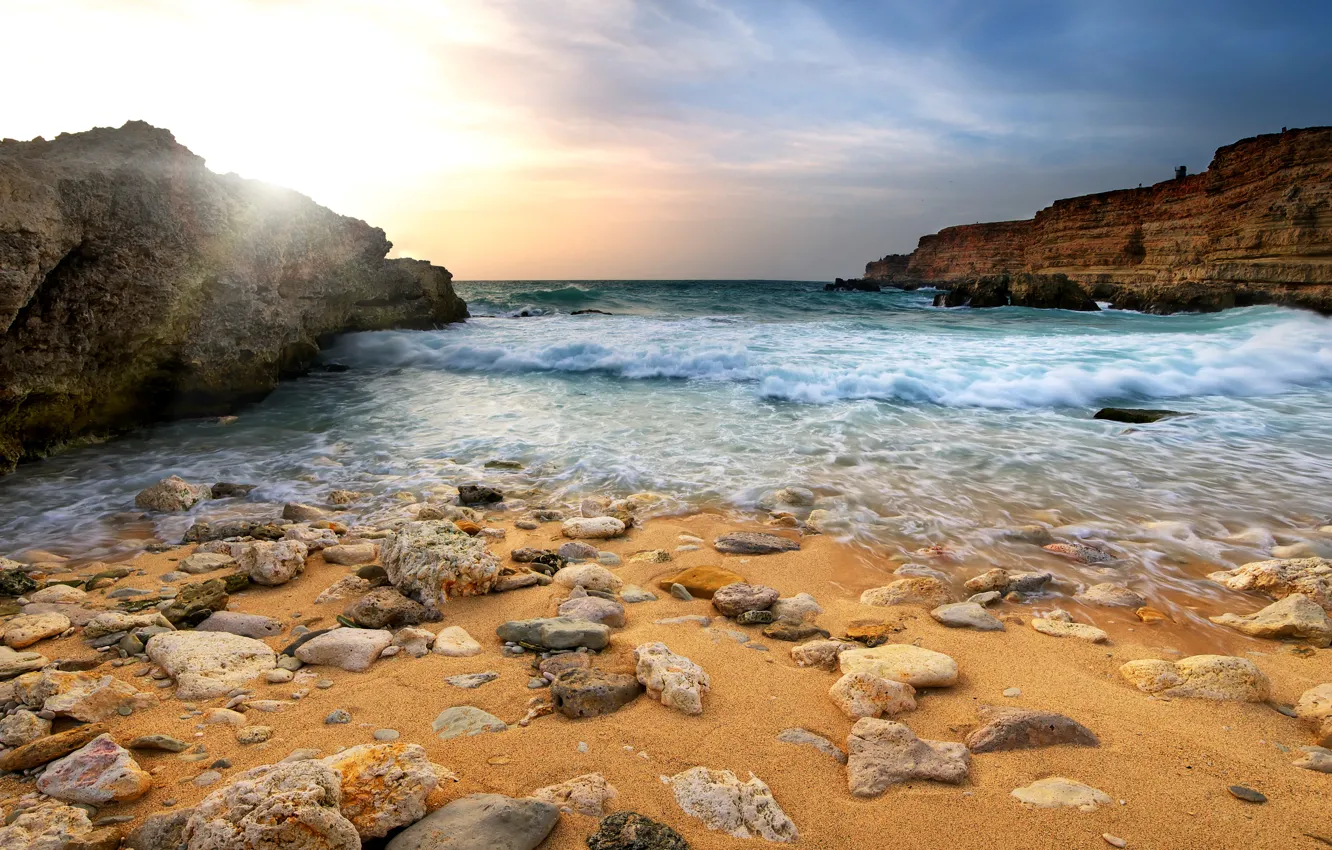 Photo wallpaper sand, sea, stones, rocks, coast, surf