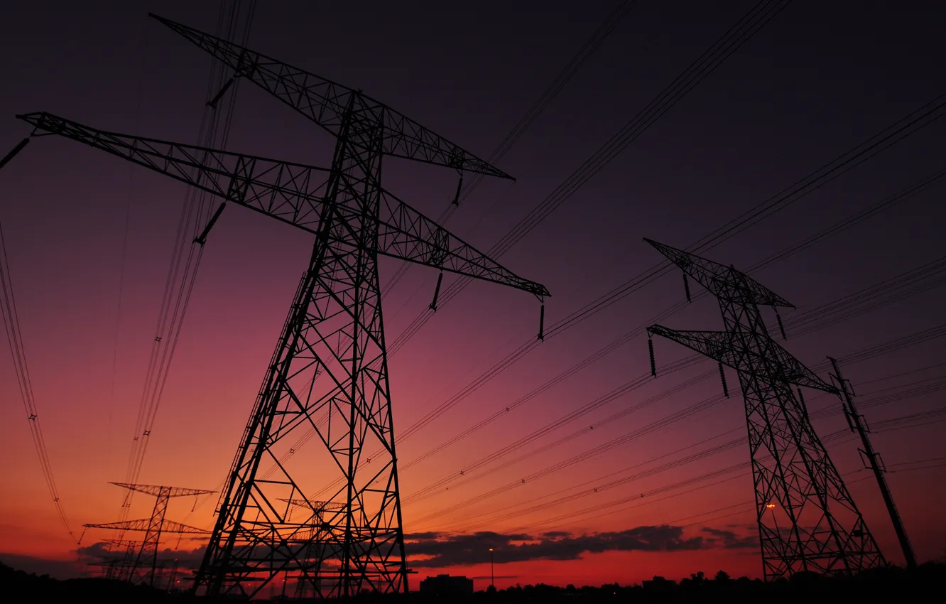 Photo wallpaper the sky, clouds, sunset, wire, silhouette, support, power lines