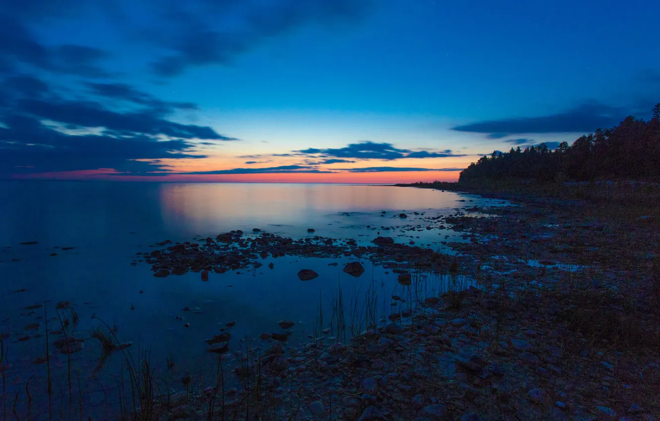 Photo wallpaper the sky, clouds, trees, lake, shore, glow