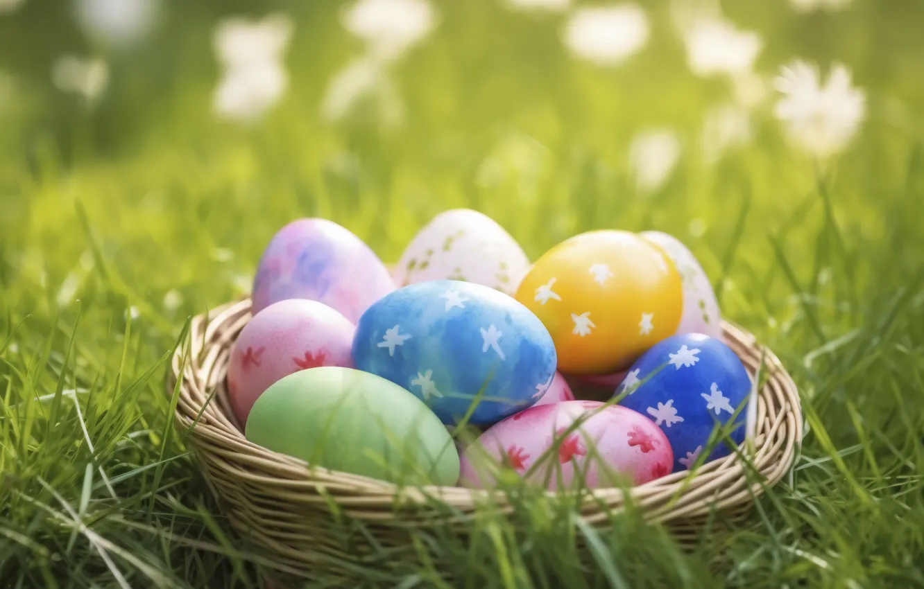 Photo wallpaper grass, eggs, Easter, basket, colorful, eggs