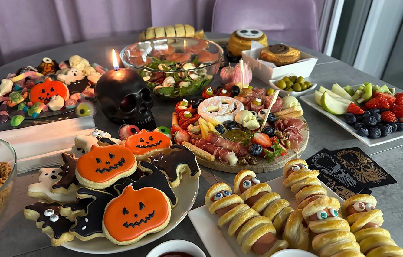 Photo wallpaper holiday, candles, Halloween, serving, pumpkins