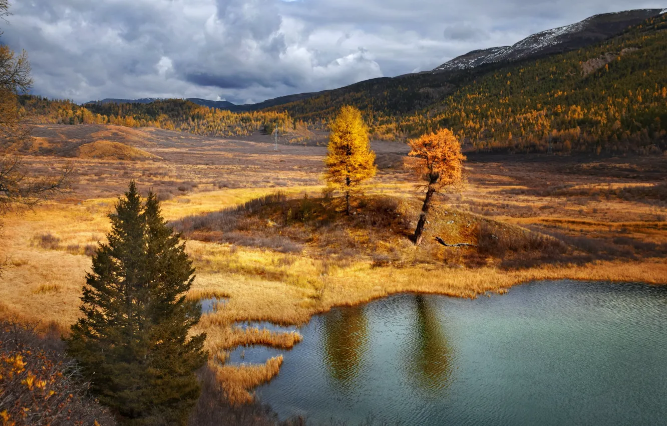 Photo wallpaper autumn, water, clouds, landscape, mountains, nature, hills