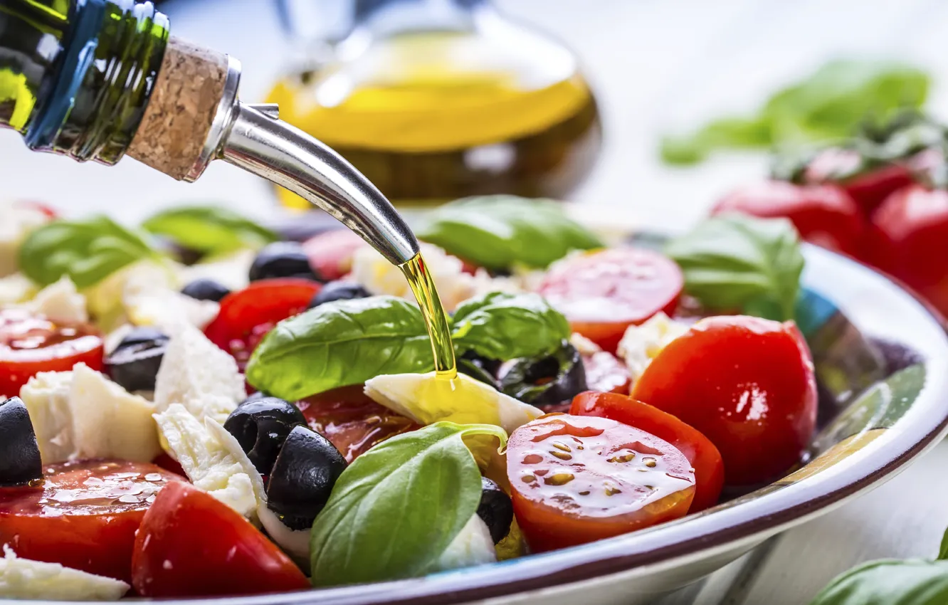 Photo wallpaper oil, tomatoes, salad, olives, Greek, Basil, feta