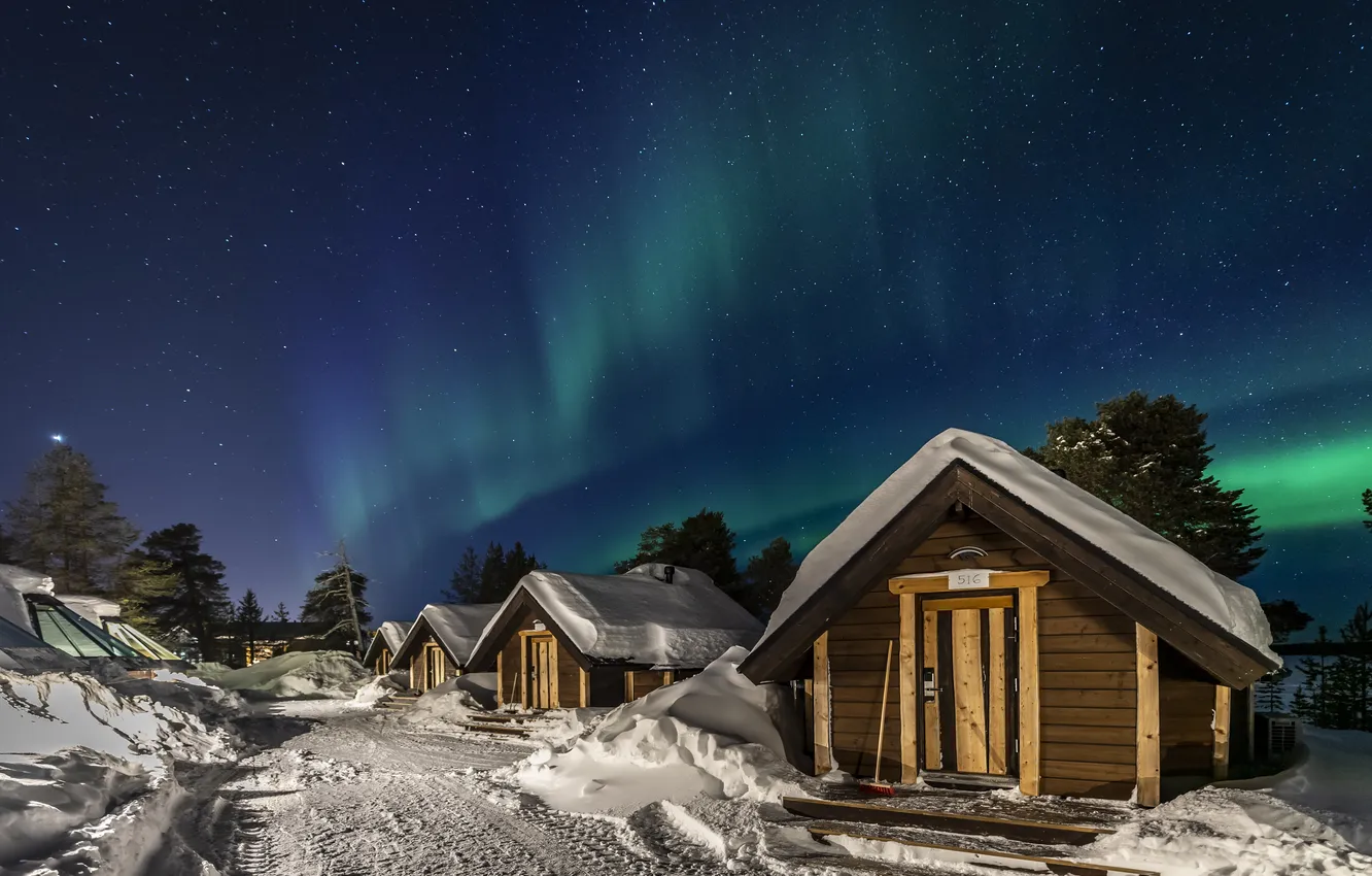 Photo wallpaper winter, the sky, stars, snow, night, blue, Northern lights, the snow