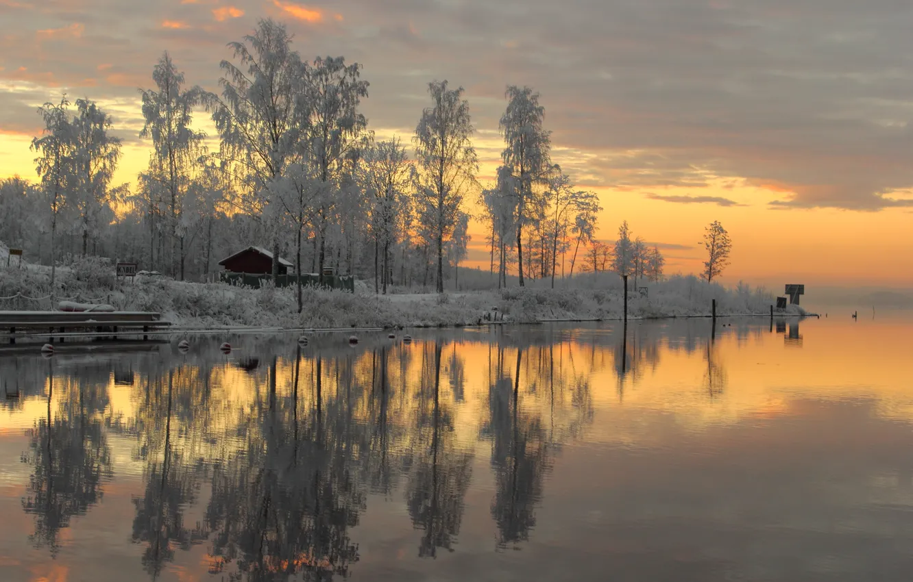 Photo wallpaper Sweden, sunset, winter